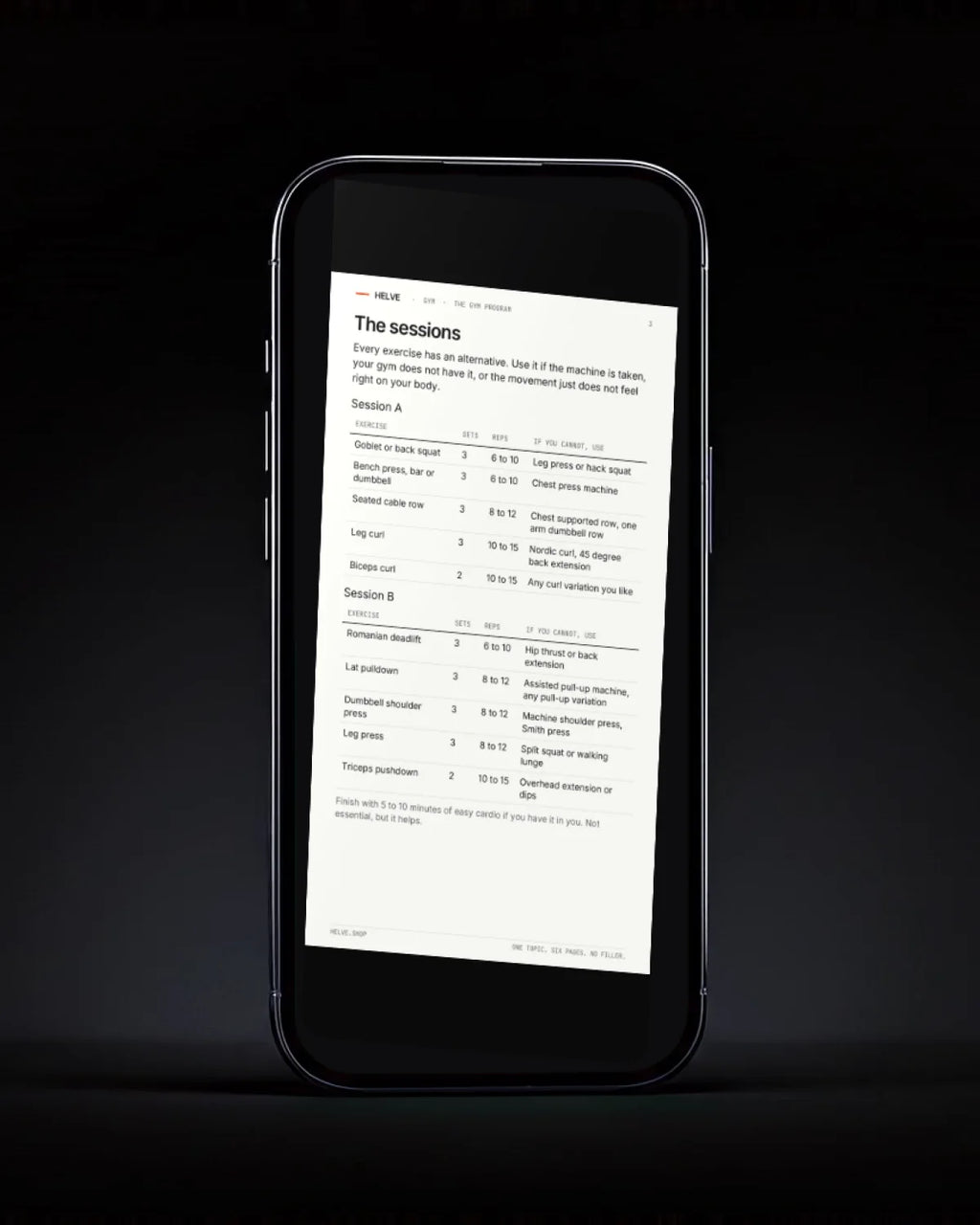 The sessions page of The Gym Program on a phone