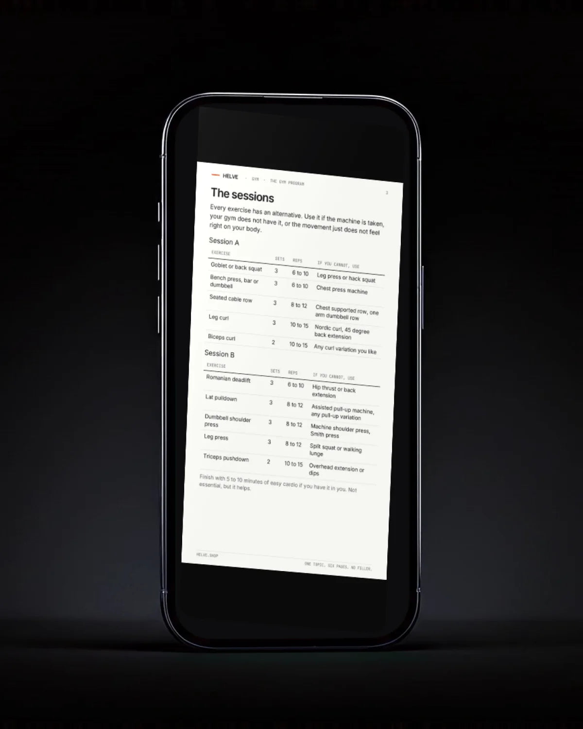 The sessions page of The Gym Program on a phone