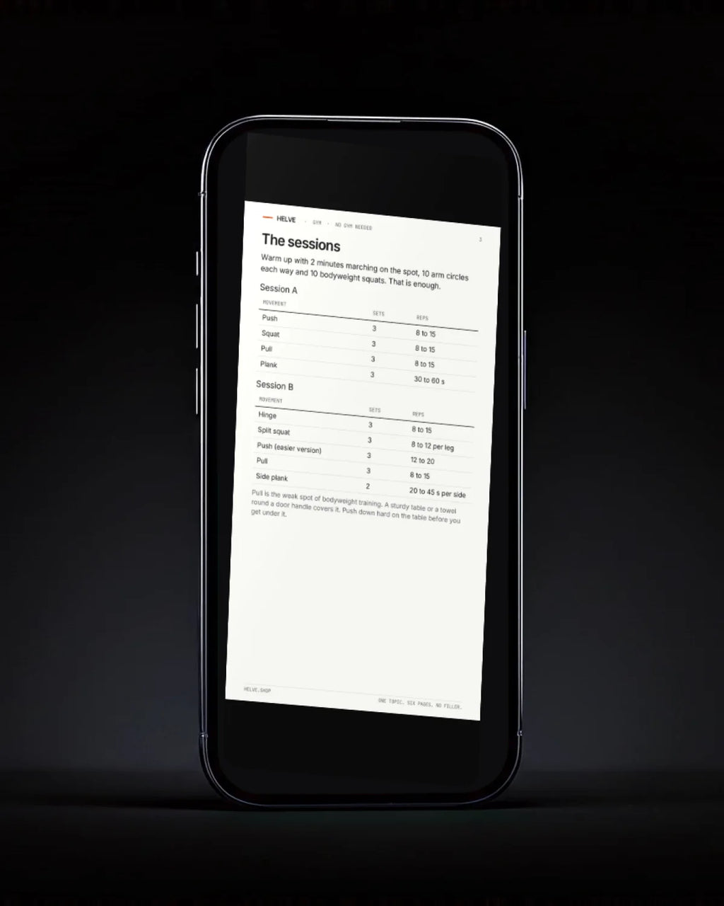 The sessions page of No Gym Needed on a phone