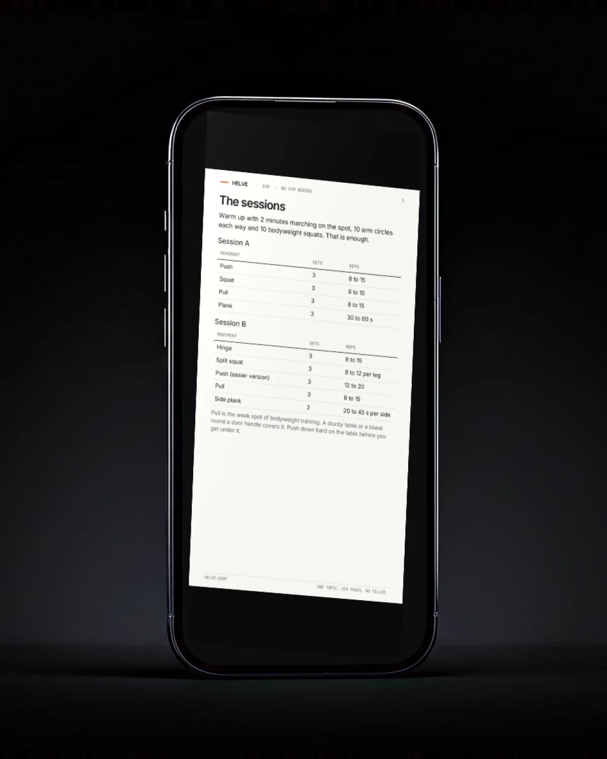 The sessions page of No Gym Needed on a phone